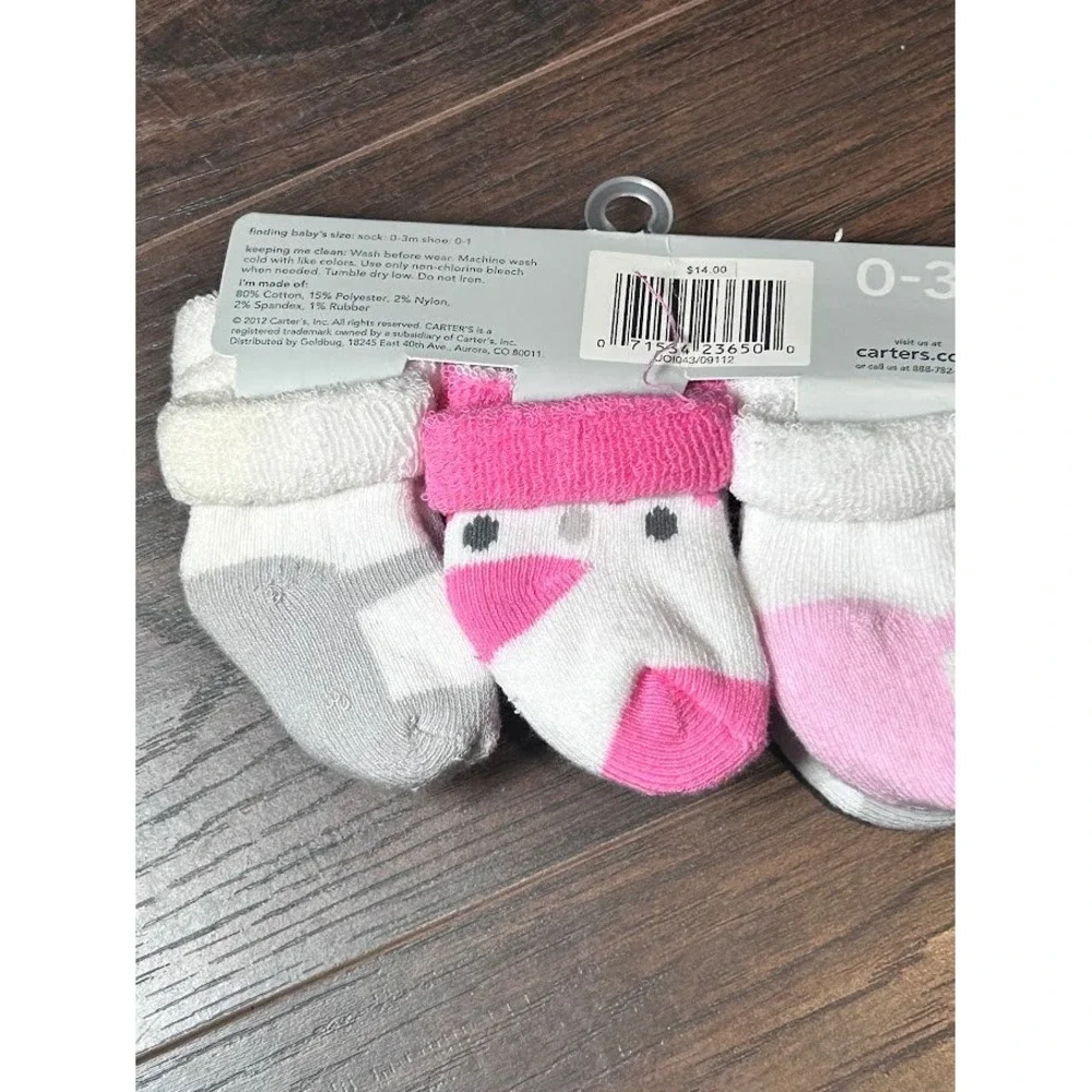 Carter's Baby Girl Socks 6 Pair Pack 0-3 Months‎ White Pink Gray Bow Stripes